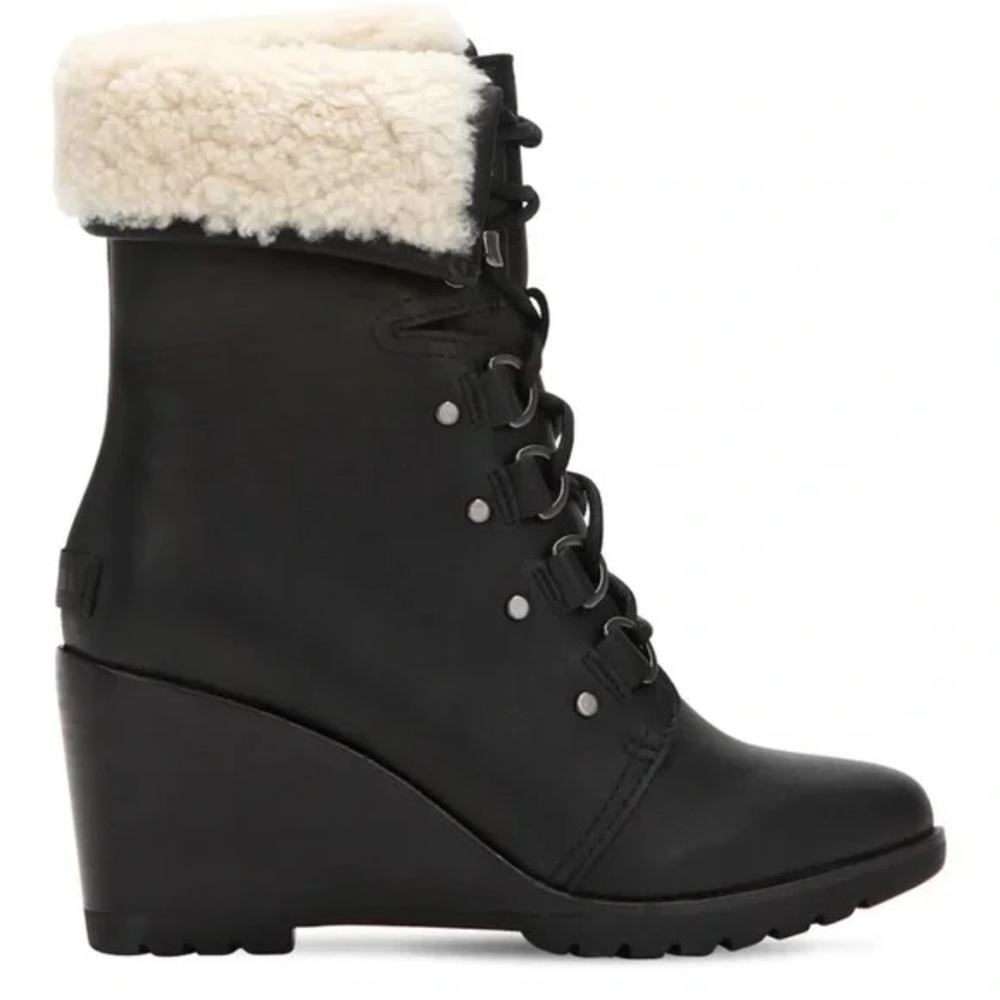 Sorel Black Wedge Lace-Up Winter Boots with Cream Shearling Collar